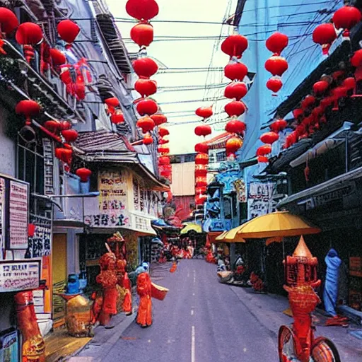 Image similar to a street in chinatown, singapore, by moebius