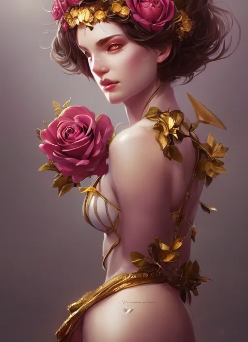 Image similar to modern goddess of beauty wide angle view, roses, flowers, gold, diamonds, highly detailed, artgerm, cushart krenz, artstation, soft light, sharp focus, illustration, character design, concept art