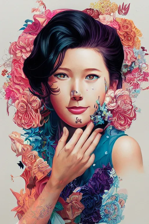 Image similar to a girl smiling cute, Tristan Eaton, victo ngai, artgerm, RHADS, ross draws