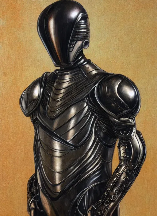 Image similar to full body portrait of beautiful gothic and futuristic fashion model, elegant smooth space armour, cyber armour, scifi helmet, highly detailed, artstation, illustration, composition, 8 k quality, art by jean delville, rene magritte, hyperrealism oil painting