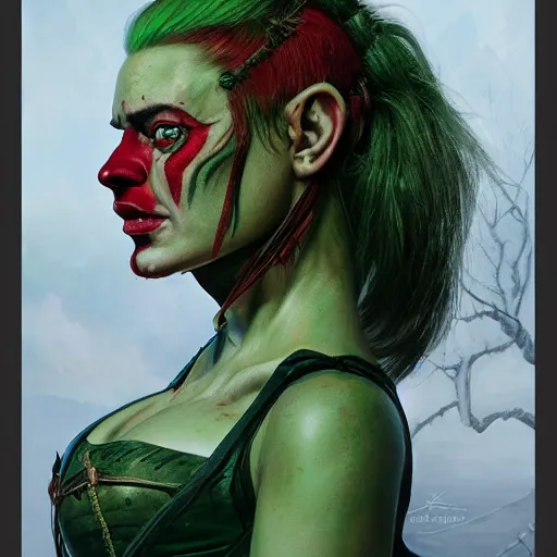 Prompt: an portrait of an female orc, green hair, red face tattoo, side profile, digital painting, artstation, concept art, donato giancola, Joseph Christian Leyendecker, WLOP, Boris Vallejo, Breathtaking, 8k resolution, extremely detailed, beautiful, establishing shot, artistic, hyperrealistic, octane render, cinematic lighting, dramatic lighting, masterpiece, light brazen, extremely detailed and beautiful face