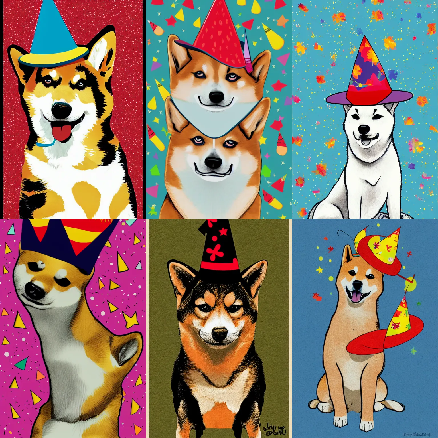 Prompt: Shiba Inu illustration wearing a party hat, in the style of a jimmy hendrix poster