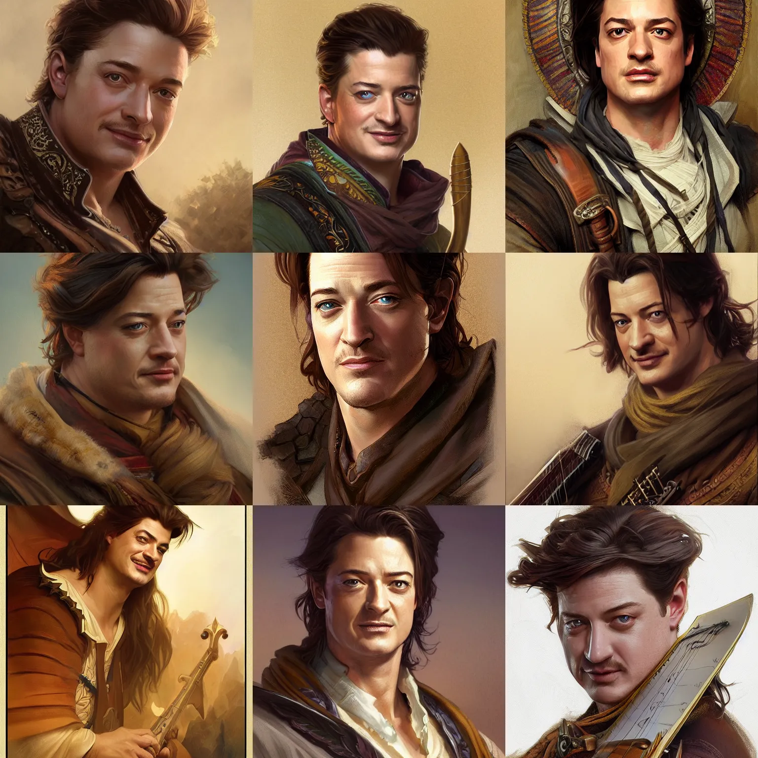 Image similar to smirking male bard, brendan fraser, portrait, D&D, fantasy, highly detailed, digital painting, artstation, concept art, sharp focus, illustration, art by artgerm and greg rutkowski and alphonse mucha