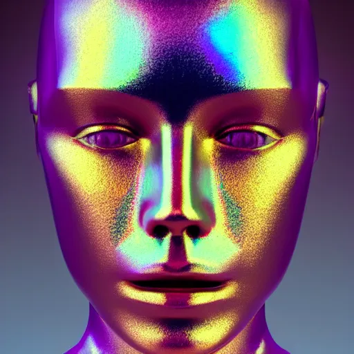 Image similar to 3d render of holographic human robotic head made of glossy iridescent, surrealistic 3d illustration of a human face non-binary, non binary model, 3d model human, cryengine, made of holographic texture, holographic material, holographic rainbow, concept of cyborg and artificial intelligence