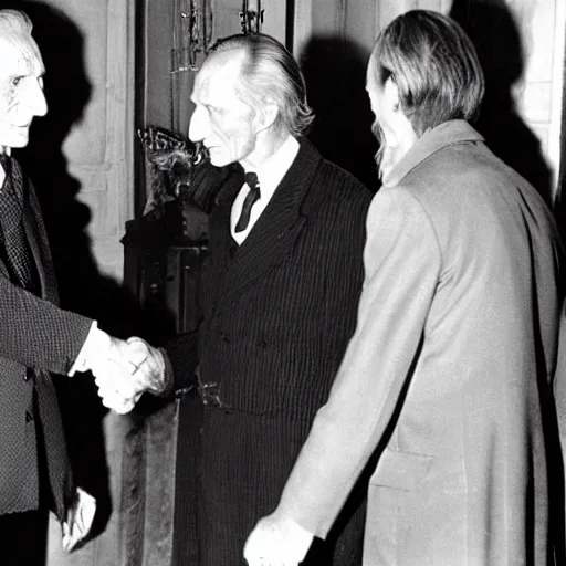 Prompt: peter cushing shakes hands with count orlok