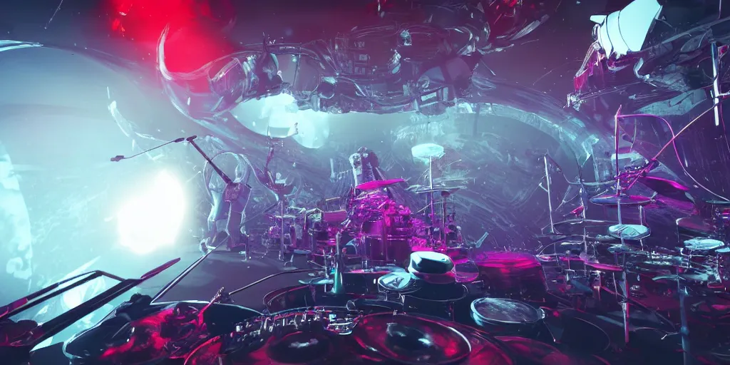 Prompt: a metal concert on the edge of space, drummer, singer, guitarist playing a metal song on a massive architecture cavernous neon alien planet, crowds point of view, cinematography, unreal engine 5, ray tracing, octane render, cinematic masterpiece