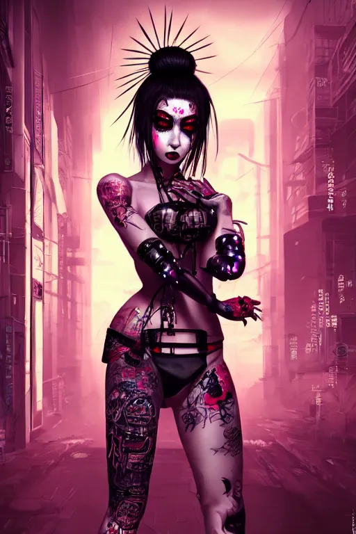 Prompt: ebony asian geisha goddess yakuza biotech raver gothic cyborg, cyberpunk city, urban decay, decay, horrorcore, underworld, dark art, highly detailed, digital painting, octane render, artstation, concept art, smooth, sharp focus, illustration, art by artgerm, loish, wlop