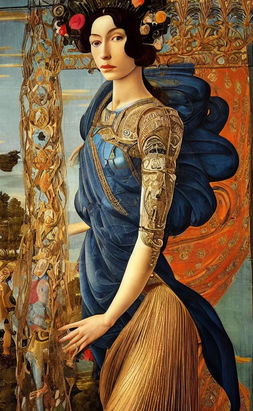 Image similar to beautifully painted mural of a stunning young cyborg muse in ornate royal garment, transparent linen fabric, space opera, beautiful ornaments, highly detailed, glowing eyes, sci fi setting, vogue cover poses, fashion magazine, mural in the style of sandro botticelli, caravaggio, albrecth durer