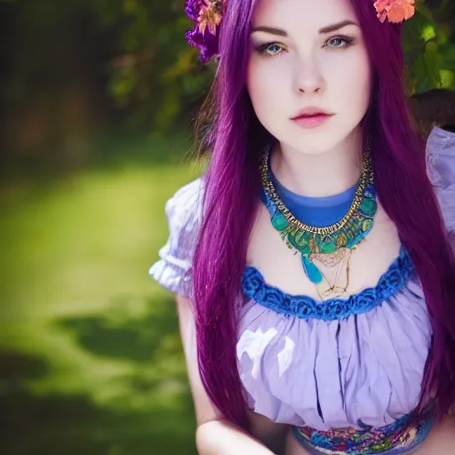 Image similar to dslr photo of a pretty young woman, full bodied portrait, with blue hair, sitting on a bench wearing a flower skirt, and body and wearing hemp sandals and a very detailed ruby necklace around neck, artgerm, artstation, very high quality face, intricate details, extremely high quality, moody lighting, real camera, real photo, 8 k, full subject in shot