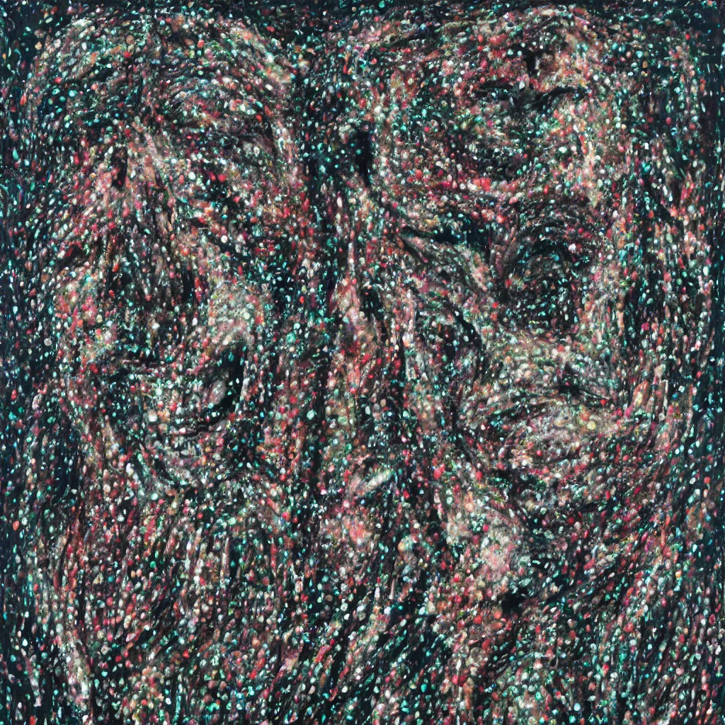 Image similar to camo made of teeth, smiling, abstract, francis bacon artwork, cryptic, dots, spots, stipple, lines, splotch, color tearing, pitch bending, faceless people, dark, ominious, eerie, hearts, minimal, points, technical, old painting, neon colors