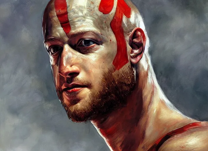 Image similar to a highly detailed beautiful portrait of mark zuckerberg as kratos, by gregory manchess, james gurney, james jean