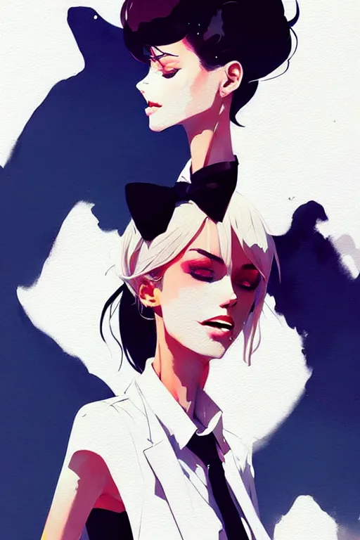 Image similar to a ultradetailed beautiful panting of a stylish woman, she is wearing a white shirt with a tie and black pants, by conrad roset, greg rutkowski and makoto shinkai trending on artstation