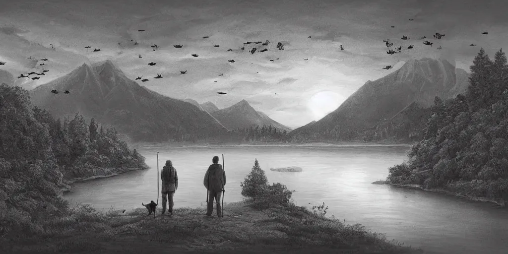 Image similar to A majestic landscape featuring a river, mountains and a forest. A group of birds is flying in the sky. There is an old man with a dog standing next to him. The man is wearing a backpack. They are both staring at the sunset. Cinematic, very beautiful, pencil drawing