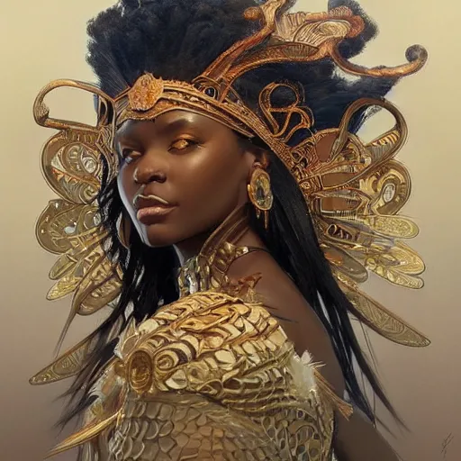 Image similar to three!! beautiful Zulu goddesses, intricate, elegant, highly detailed, digital painting, artstation, concept art, smooth, sharp, focus, illustration, art by artgerm and greg rutkowski and alphonse mucha