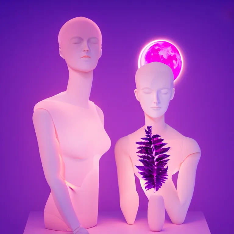 Image similar to beautiful mannequin sculpted out of amethyst by billelis + lit with 3 d geometric neon + doorway opening with neon pink geometric light + hosta flowers!!!, moon in background!!!!!!, rule of thirds, clean linework, dramatic, award winning, 4 k, trending on artstation, photorealistic, volumetric lighting, octane render