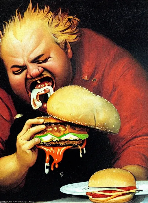 Prompt: painting by franciso goya of guy fieri eating a greasy juicy burger dripping with cheese in the style of 'saturn devouring his son' wide eyes, piercing scary, wide mouth, thick brush strokes, dark, disturbing, hd, visible texture