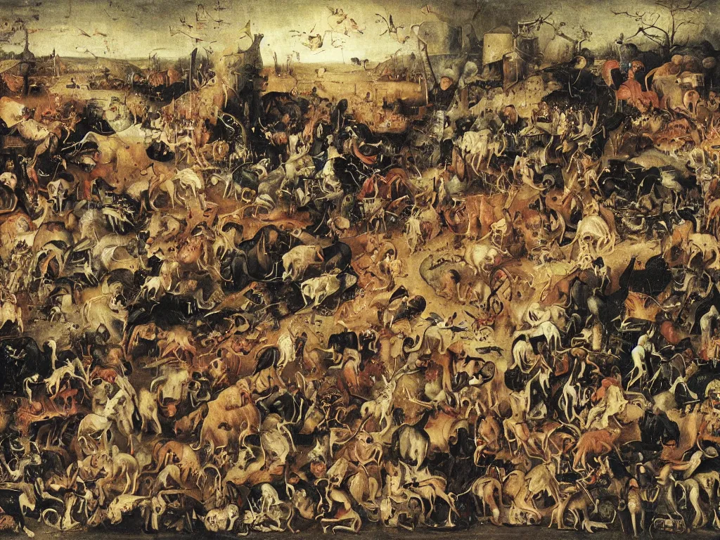 Prompt: dogs in a moshpit at a metal festival jumping and growling at each other, by hieronymus bosch, very wild, cool lighting at sunset, very detailed, concept art