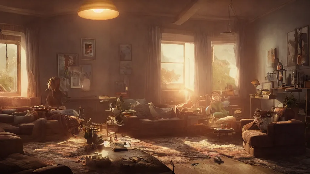 Prompt: a photorealistic hype realistic render of an interior of a beautifully decorated cozy living room by pixar, greg rutkowski, wlop, artgerm, dramatic moody sunset lighting, long shadows, volumetric, cinematic atmosphere, octane render, artstation, 8 k