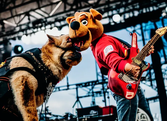 Image similar to photo still of mcgruff the crime dog on stage at vans warped tour!!!!!!!! at age 3 3 years old 3 3 years of age!!!!!!!! shredding on guitar, 8 k, 8 5 mm f 1. 8, studio lighting, rim light, right side key light