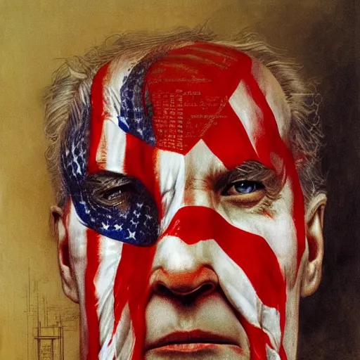 Prompt: patriotic nightmare of joe biden, american flag hell, perfectly clear face, by j. c. leyendecker and beksinski