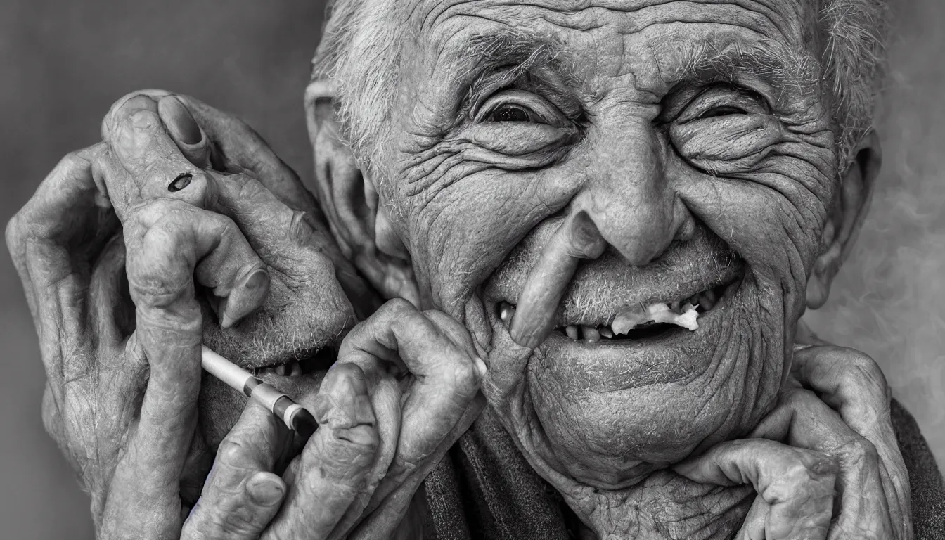 Image similar to hyper realistic color photo, portrait of a single weathered old man, aesthetic laughing woman smoking pipe, cables, vapour emerge from their eyes, dramatic lighting and shadow!!, full colour, upscale, 8 k, masterpiece