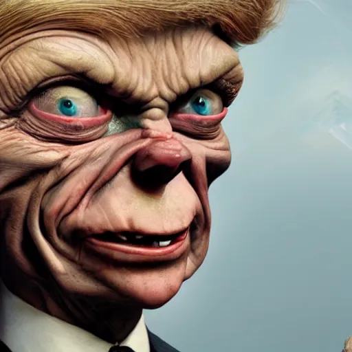 Prompt: donald trump as gollum with hair, suit, smiling, intricate, detailed, volumetric lighting, scenery, digital painting, highly detailed, artstation, sharp focus, illustration, concept art, ruan jia, steve mccurry