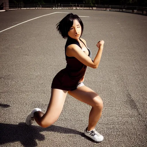 Image similar to “an action photoshoot of akane owari, akane owari danganronpa, top heavy, a toned Japanese young woman with dark tanned skin and wild wavy brown hair in a bob, hazel eyes, athletic fashion photography, sparring, dynamic pose, young and beautiful, white tank top, magazine cover, Japanese facial features, full of energy”