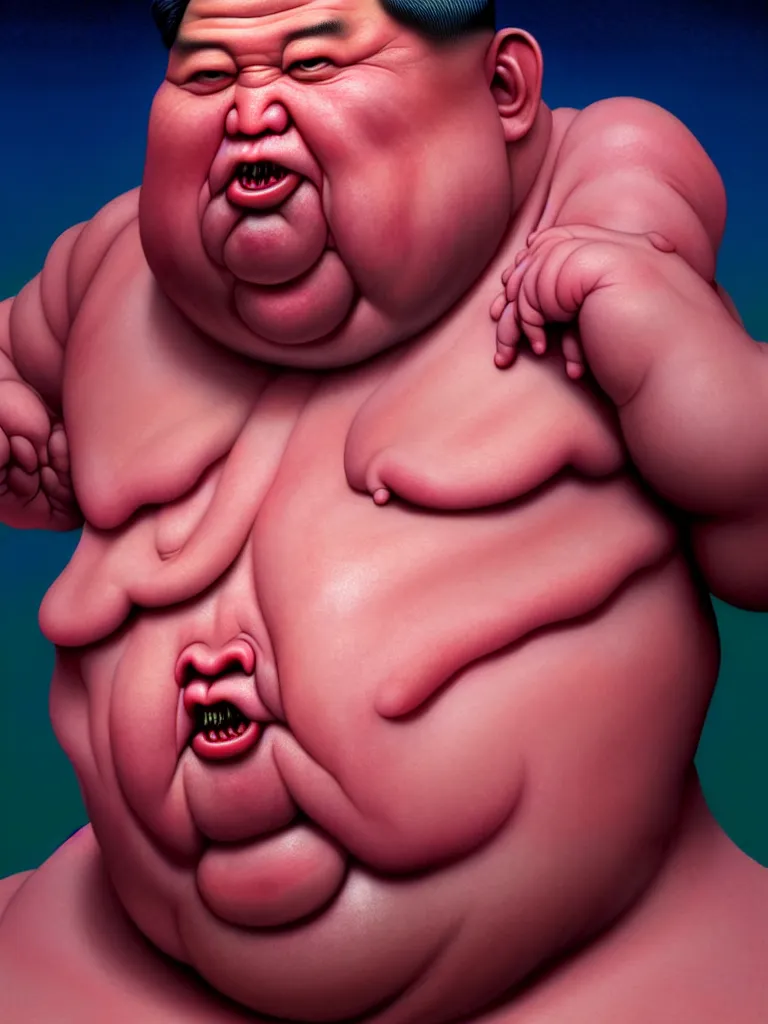 Image similar to hyperrealistic rendering, fat smooth cronenberg flesh monster kim jong - un by donato giancola and greg rutkowski and wayne barlow and zdzisław beksinski, product photography, action figure, sofubi, studio lighting, colored gels, colored background