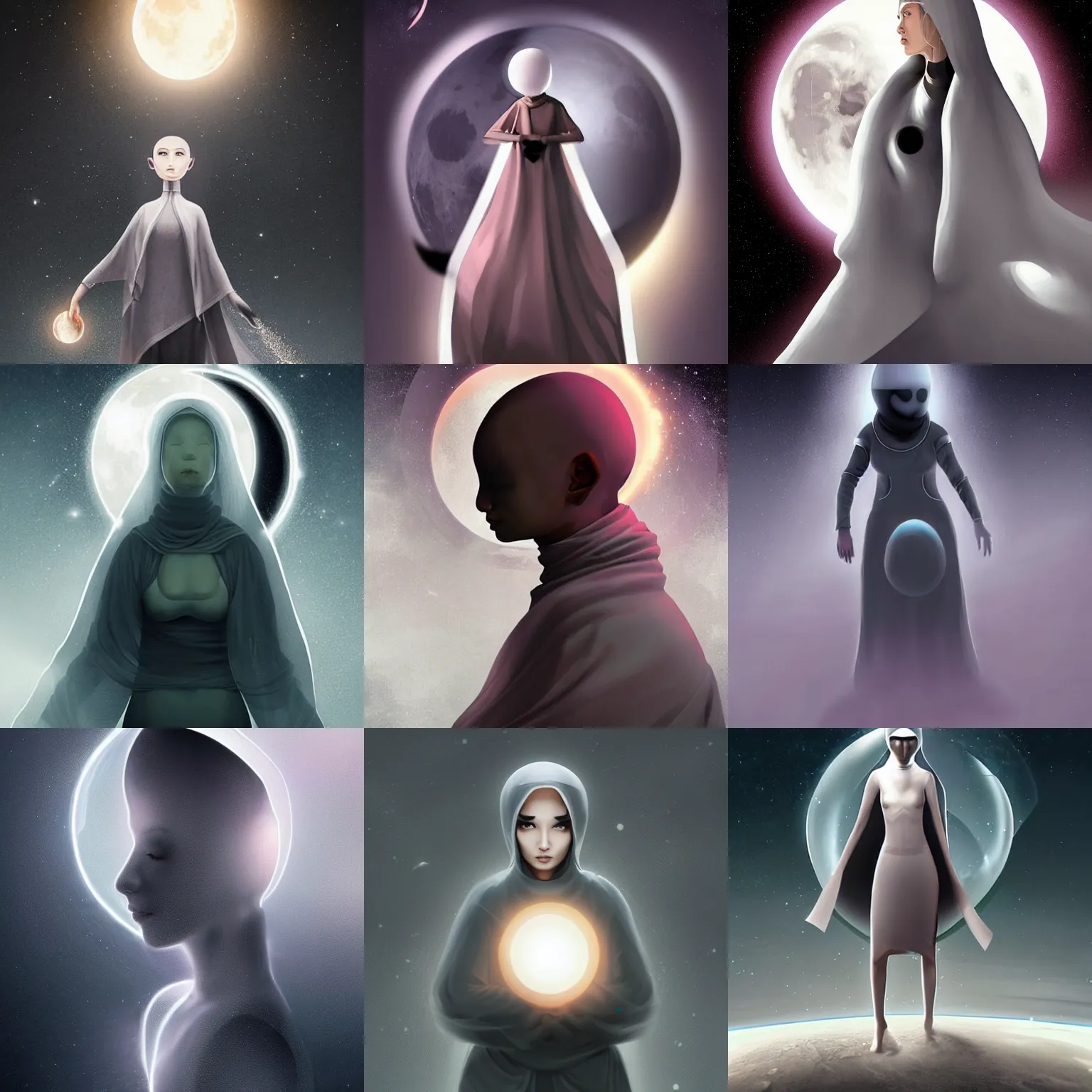 Prompt: futuristic female monk in grey cloth with a black hole instead of her head, standing on the moon, her head is a black-hole surrounded by glowing matter, very aesthetic, moon surface background, in style of Ross Tran