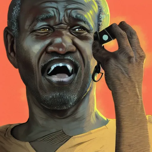 Image similar to An old african man raging and screaming and Television, holding a controller. Nice rimlight. By ilya kuvshinov, krenz cushart, Greg Rutkowski, trending on artstation. Sharp highlights, amazing textured brush strokes, accurate shape, cinematic soft, 8k, VFX, dramatic lighting, psychedelic colouring