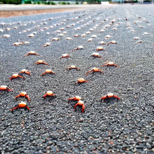 Prompt: crabs lined up in a single file line across a giant perfectly flat concrete plane that goes out as far as the eye can see