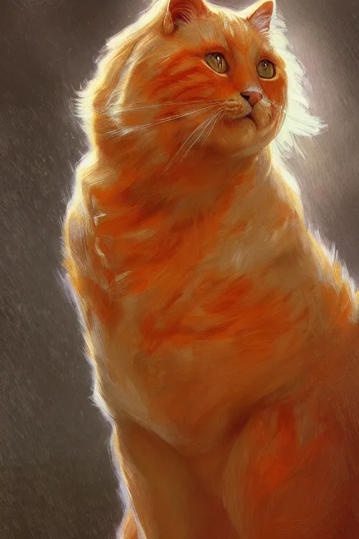 Prompt: painted portrait of rugged fat orange cat, god of thunder, greek god, masculine, powerful, handsome, upper body, white robe, muscular, fantasy, intricate, elegant, highly detailed, digital painting, artstation, concept art, smooth, sharp focus, illustration, art by gaston bussiere and alphonse mucha