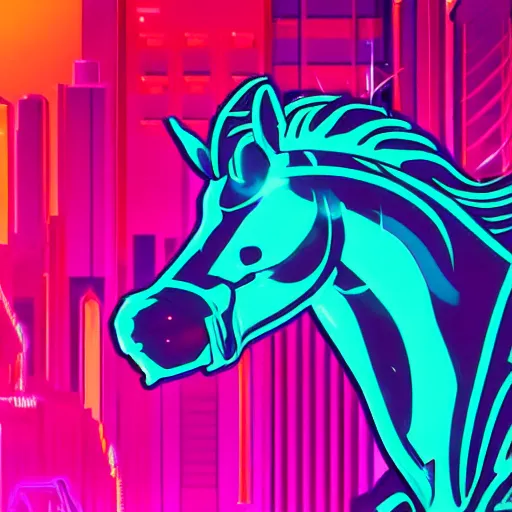 Image similar to !dream A synthwave horse inspired by Tron. Trending on Artstation. Digital screenshot. Faded film grain. 1980s Computer Graphics.