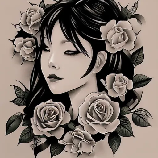 Image similar to tattoo design, stencil, beautiful japanese girls face, roses and ivy surrounding by artgerm, artgerm, cat girl, anime