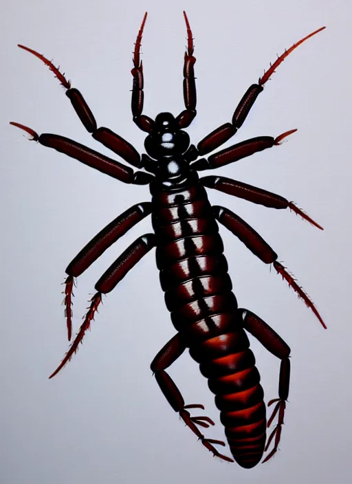 Image similar to beautiful matte airbrush portrait of a scolopendra on a white background, 8 0's airbrush aesthetic, art by pater sato