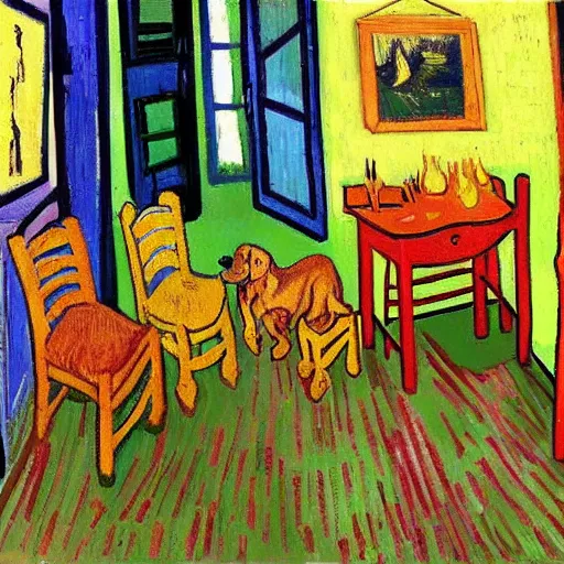 Image similar to Dachshund on a chair, in a bedroom, painted by Vincent Van Gogh