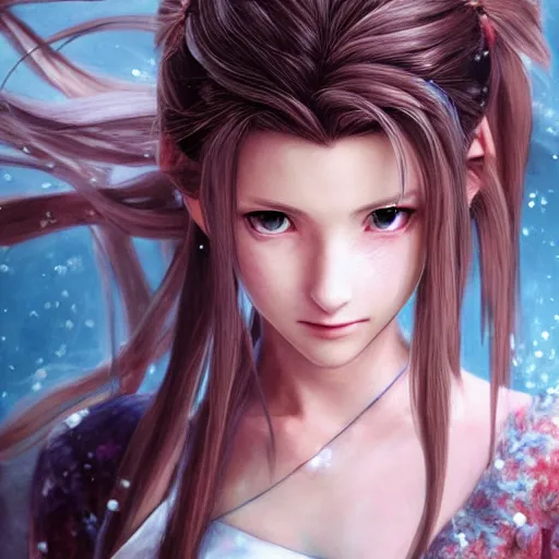 Prompt: portrait of aerith!!!!!!!!! from final fantasy vii, smiling, water - color painting by amano yoshitaka, ultra realistic, highly detailed, sharp focus, cinematic lighting, mood lighting, realistic, vivid colors, painting, photorealistic, digital art, non blurry, sharp, smooth, illustration