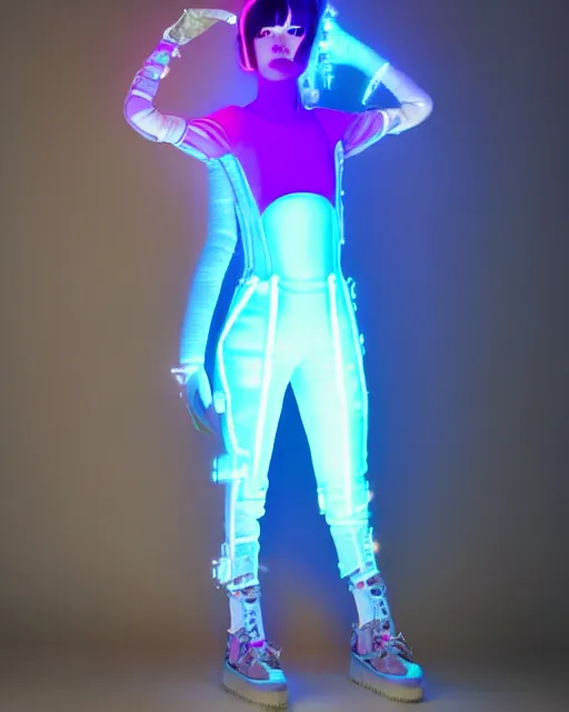Prompt: full body shot of young punk woman dressed in futuristic cyberpunk clothing, neon light, soft diffused light, bjork aesthetic, translucent, by rineke dijkstra and artgerm, intricate details, highly detailed, masterpiece, 8 5 mm