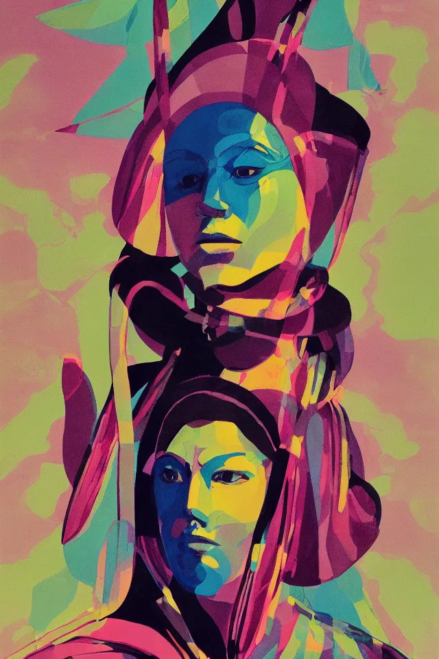 Image similar to naturalist portrait of a modern shaman, modern minimal isei miyake outfit, in the style of vogue, syd mead, triadic color scheme, bioluminiscent fabrics, concept art