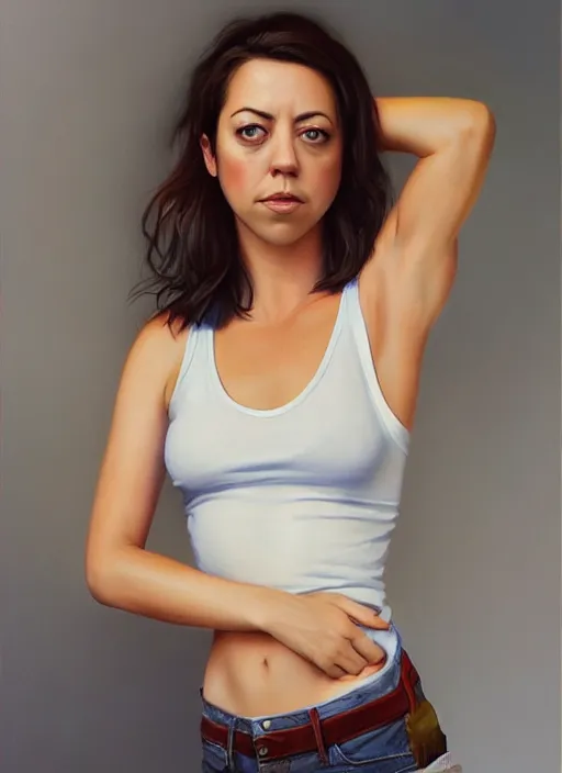 Prompt: full length photo of an similing Aubrey Plaza in a tanktop in the style of stefan kostic, not realistic, sharp focus, 8k high definition, insanely detailed, intricate, elegant, art by stanley lau and artgerm
