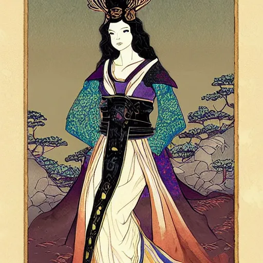 Prompt: a tarot card of teenage christina hendricks as a medieval noblewoman, fantasy, intricate, elegant, highly detailed, digital painting, artstation, concept art, matte, sharp focus, illustration, by hokusai and jeong seon