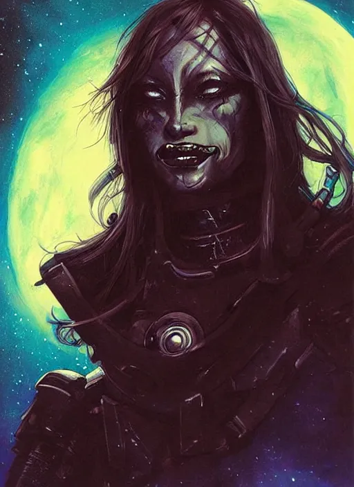 Image similar to portrait of female space pirate, night sky background, beautiful! coherent! by brom, deep color, strong line, high contrast