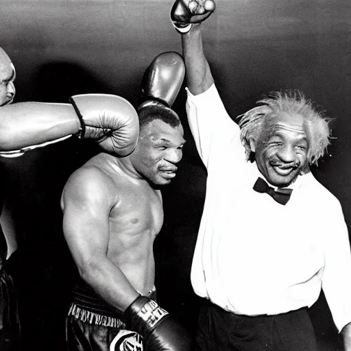 Prompt: albert einstein and mike tyson fighting each other in a boxing ring