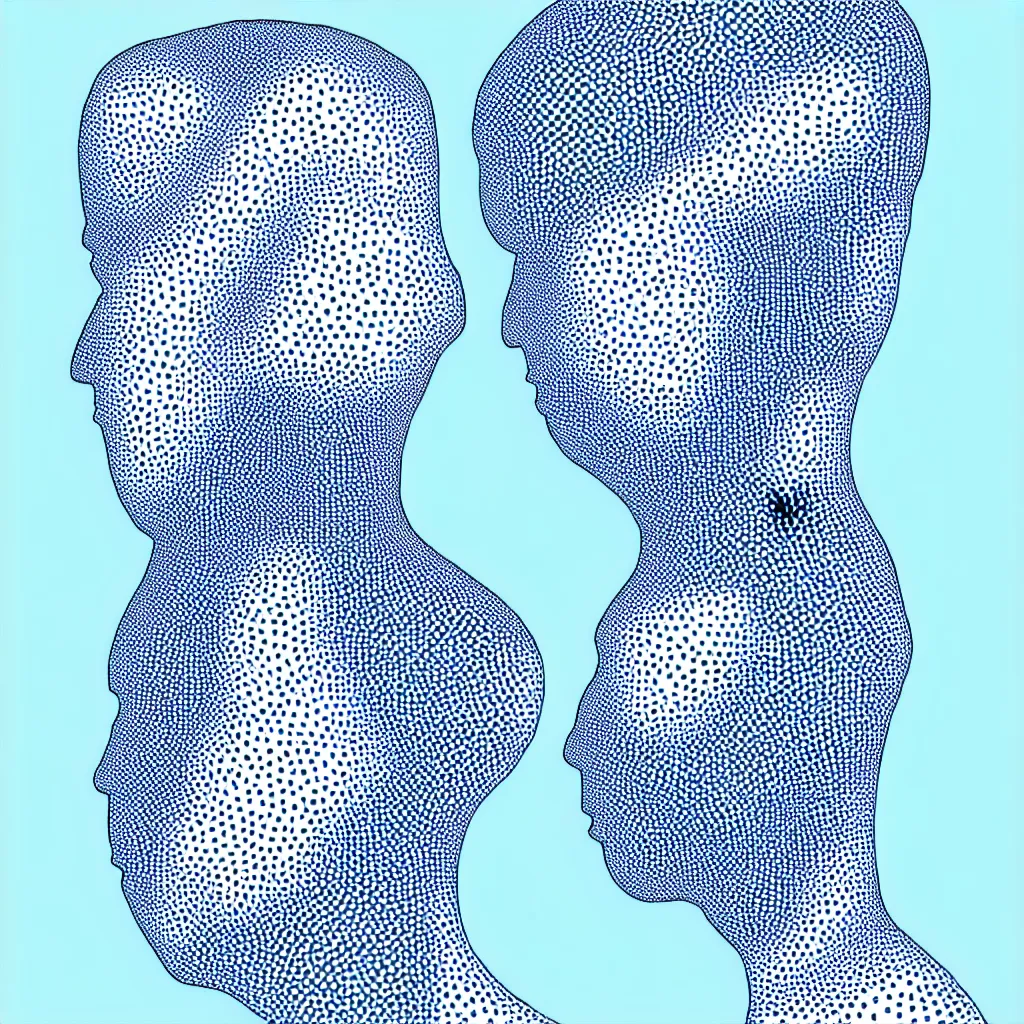 Image similar to a formal self portrait by the artist kelbv, in distinct hyper precise fineliner style with cuboids neatly curving above his head, and exploded body filled with light blue and white spheroids, perfect bright studio lighting.