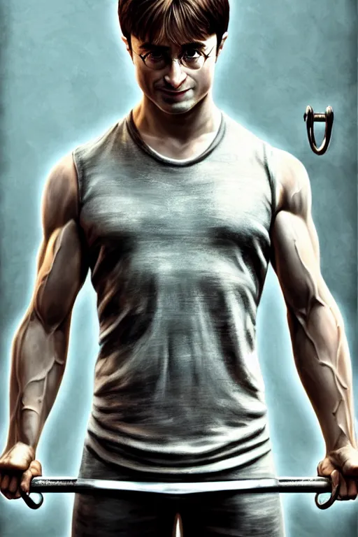 Image similar to highly detailed rendering of Daniel Radcliffe as Harry Potter doing barbell back squats, dingy workout gym, wearing a muscle tee shirt, muscular deep squats, symmetrical, highly detailed, digital painting, artstation, concept art, smooth, sharp focus, illustration, cinematic lighting, art by artgerm and greg rutkowski and alphonse mucha