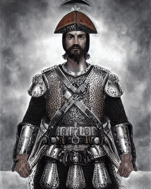 Image similar to ultrarealistic illustration of spanish conquistador, symmetrical, by daniel zrom and nicola saviori