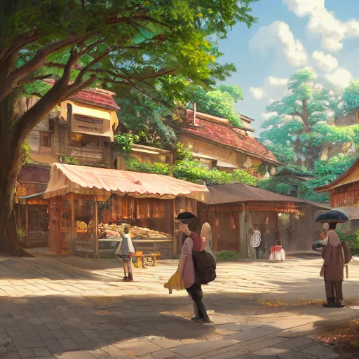 Image similar to concept art painting of a historic bakery with european and japanese architecture, in a forest village surrounded by trees, realistic, detailed, cel shaded, in the style of makoto shinkai and greg rutkowski and james gurney