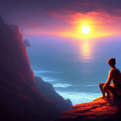 Prompt: a man sitting on a cliff watching the sun explode, painting, digital art, harsh lighting, 4 k hd wallpaper, trending on art station, art by greg rutkowski and andreas rocha 4 k