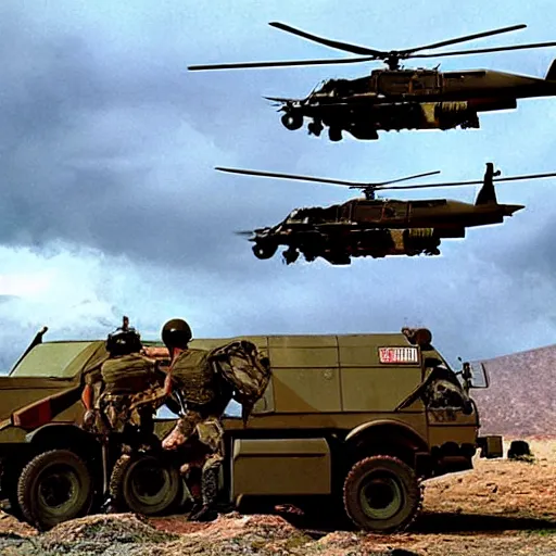 Prompt: rambo movie posters with soldiers, military trucks, helicopters, explosions