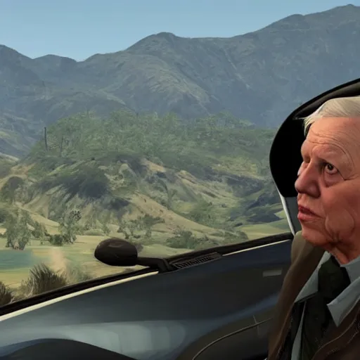 Image similar to david attenborough in grand theft auto 5